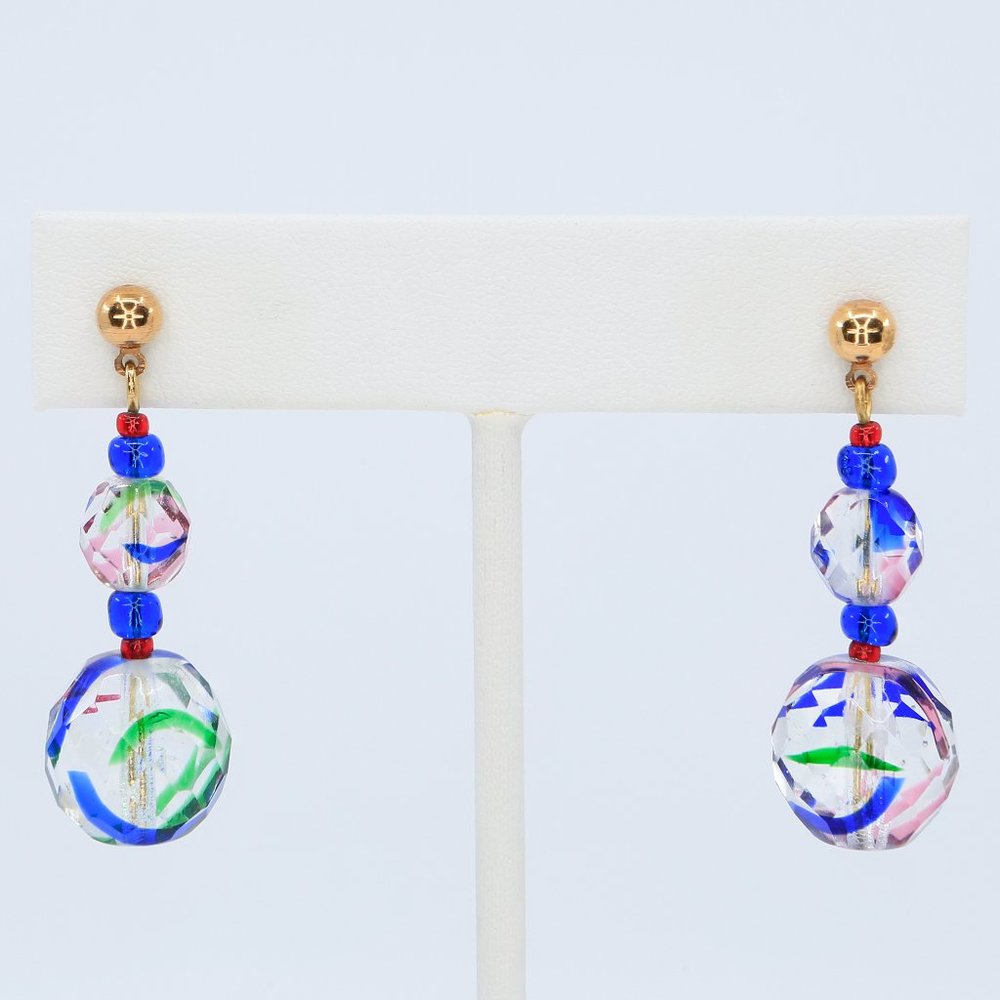 Vintage Czechoslovakian Iris Glass Faceted Beads Dangle Pierced Czech Earrings‎